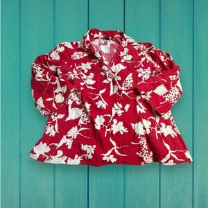 Talbots Red White Floral Faux Wrap Stretch Blouse Size 12